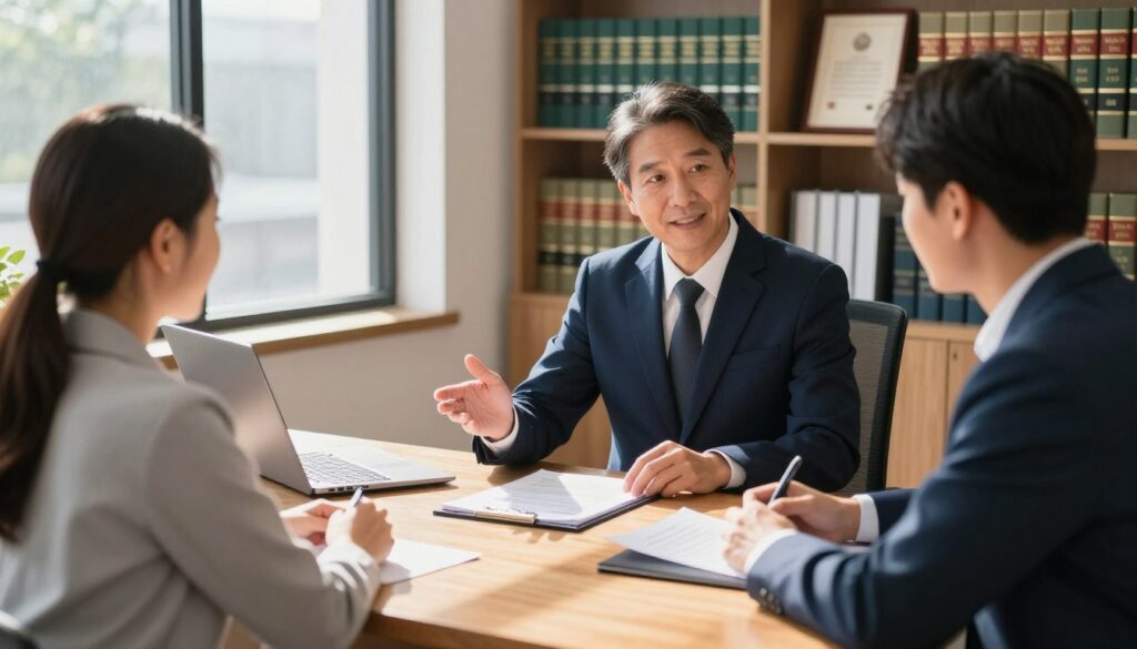 A professional notary public in a bright, modern office setting is engaged in a discussion with a couple looking to finalize property documents. The notary, a middle-aged individual in a tailored navy suit, gestures toward the documents spread across the sleek wooden desk, emphasizing clarity and professionalism. The couple, dressed in smart business casual attire, appears attentive and reassured. Sunlight streams through large windows, casting a warm glow over the scene, enhancing a sense of trust and reliability. In the background, bookshelves filled with legal texts and certificates create a scholarly atmosphere, symbolizing expertise. The overall mood is one of professionalism and confidence, perfect for illustrating the supportive role of notaries in real estate transactions. A professional notary public in a bright, modern office setting is engaged in a discussion with a couple looking to finalize property documents. The notary, a middle-aged individual in a tailored navy suit, gestures toward the documents spread across the sleek wooden desk, emphasizing clarity and professionalism. The couple, dressed in smart business casual attire, appears attentive and reassured. Sunlight streams through large windows, casting a warm glow over the scene, enhancing a sense of trust and reliability. In the background, bookshelves filled with legal texts and certificates create a scholarly atmosphere, symbolizing expertise. The overall mood is one of professionalism and confidence, perfect for illustrating the supportive role of notaries in real estate transactions.