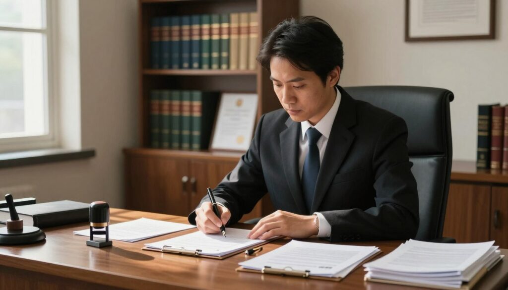 A professional notary public in formal business attire, focused and attentive, sitting at a wooden desk in a well-lit office. The desk is cluttered with legal documents, a notary stamp, and a fountain pen. In the background, there are shelves filled with legal books and certificates, conveying an atmosphere of authority and expertise. Soft, natural light streams in through a window, casting gentle shadows and creating a warm, inviting ambiance. The perspective is slightly angled to capture the depth of the office space, emphasizing the importance of the notary's role in the process of incapacitation. The mood is serious yet compassionate, reflecting the sensitivity of the subject matter.