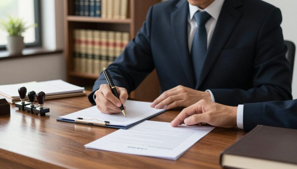 A professional notary public seated at an elegant wooden desk, surrounded by legal documents, stamps, and a classic ink pen. In the foreground, a close-up of the notary’s hand as it signs an official document, emphasizing precision and trust. The notary, a middle-aged individual in formal business attire, exudes authority and confidence. In the middle ground, a bookshelf filled with law books and a potted plant adds warmth and depth to the scene. The background features a window allowing soft, natural light to illuminate the space, creating a welcoming and professional atmosphere. The overall mood is serious yet inviting, reflecting the important role and responsibilities of a notary in the legal system.