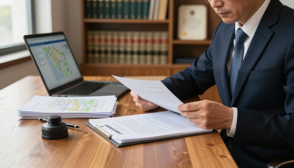A professional notary sits at a polished wooden desk in a warmly lit office, reviewing documents for the transfer of land ownership. The notary, a middle-aged individual in formal business attire, is intently focused on the papers, which include detailed maps and legal documents. In the foreground, a fountain pen and an ink blotter suggest meticulous attention to detail. In the middle, a neatly organized stack of documents lies beside a laptop displaying a digital land registry. The background features bookshelves filled with law books and certificates, enhancing the atmosphere of professionalism and expertise. Soft, natural light filters through a window, creating a welcoming and serious ambiance that conveys trust and authority in the notarial process.