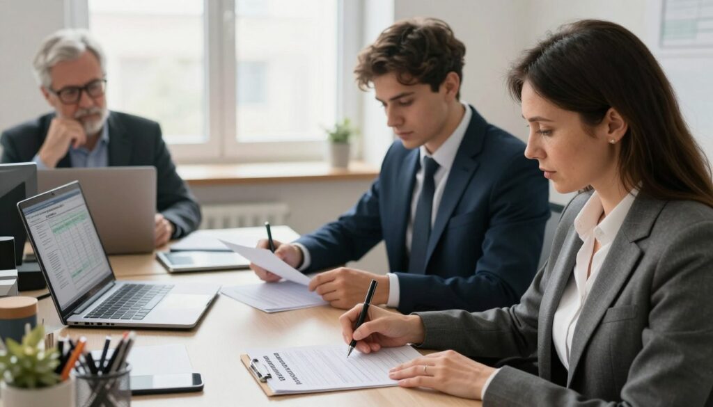 A professional office environment featuring a diverse group of three people engaged in filling out a "Zgłoszenie zatrudnienia do ZUS" form. In the foreground, a middle-aged woman in smart business attire sits at a desk, carefully signing paperwork. Next to her, a young man in a well-fitted suit is reviewing documents, while an older gentleman in glasses looks on thoughtfully, holding a pen. The middle ground shows a cluttered desk with office supplies and a laptop open, displaying a spreadsheet. The background features a bright window with soft, natural light illuminating the room, casting gentle shadows. The atmosphere is focused and serious, emphasizing the importance of employment formalities and insurance registration, reflecting professionalism and commitment to their tasks.