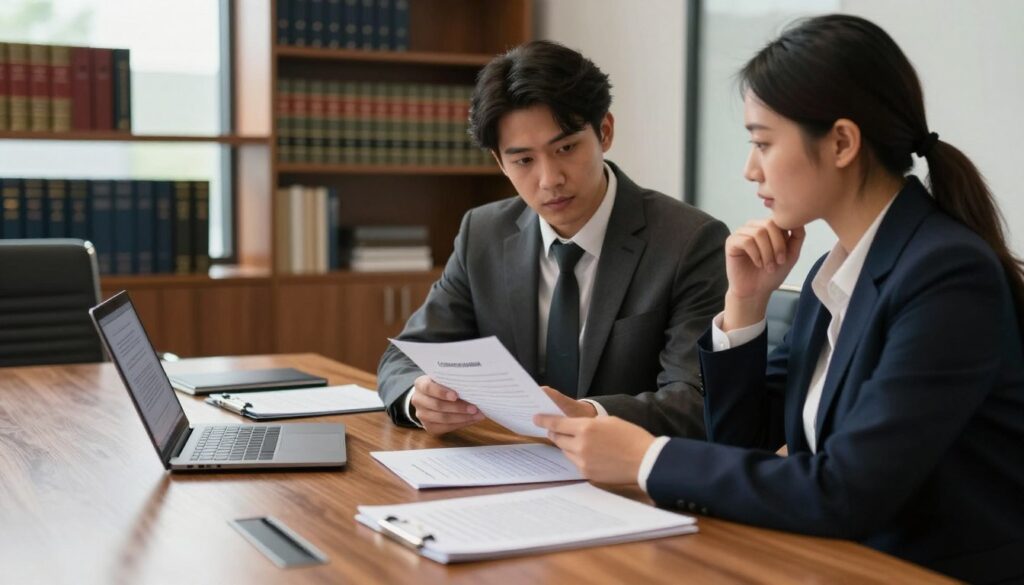 A professional office environment featuring a large wooden conference table in the foreground, with documents and a laptop displaying legal text spread across it. In the middle ground, two well-dressed individuals, a man and a woman, engage in a serious discussion while consulting a legal contract, their expressions thoughtful and focused. In the background, shelves filled with legal books and a large window allowing soft, natural light to illuminate the scene, creating a calm yet serious atmosphere. The lighting is warm and inviting, complementing the professionalism of the setting. Capturing the theme of legal matters related to contract termination, the composition reflects the complexities and consequences of legal agreements.