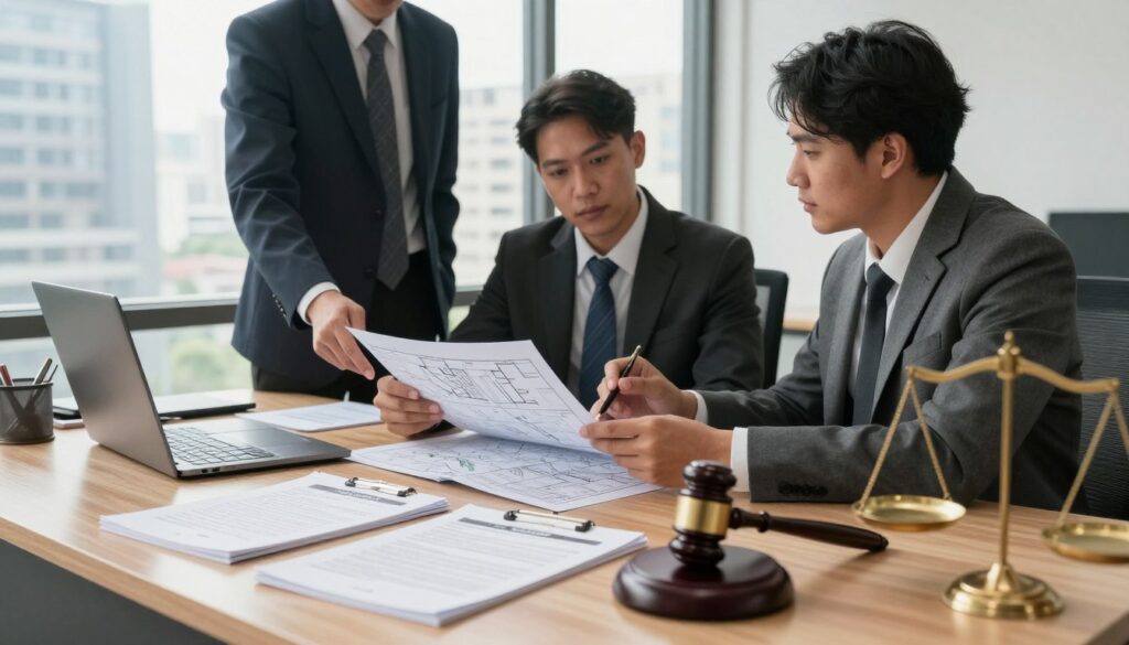 A professional office environment focused on real estate law. In the foreground, a well-organized desk featuring legal documents, a gavel, and a scale symbolizing justice. In the middle, a diverse group of three professionals in business attire engaged in discussion, analyzing a map of real estate properties. In the background, large windows revealing a cityscape, casting soft natural light into the room. The atmosphere is serious yet collaborative, reflecting a focus on key aspects and definitions of real estate law. The scene is shot from a slightly elevated angle to capture the details clearly, with a warm color palette to enhance the professional mood.