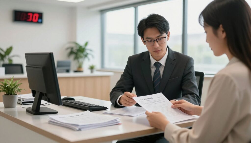 A professional office environment focused on the process of obtaining a national ID card. In the foreground, a sleek desk with neatly organized paperwork, a digital clock on the wall displaying the current time, symbolizing the waiting time. In the middle ground, a well-dressed official, wearing a suit and glasses, attentively assisting a customer, who is reviewing their application documents. The background features a large window with natural light flooding in, illuminating a modern reception area with potted plants. The atmosphere is calm and efficient, conveying a sense of order and security, under soft, warm lighting to enhance a welcoming mood. A professional office environment focused on the process of obtaining a national ID card. In the foreground, a sleek desk with neatly organized paperwork, a digital clock on the wall displaying the current time, symbolizing the waiting time. In the middle ground, a well-dressed official, wearing a suit and glasses, attentively assisting a customer, who is reviewing their application documents. The background features a large window with natural light flooding in, illuminating a modern reception area with potted plants. The atmosphere is calm and efficient, conveying a sense of order and security, under soft, warm lighting to enhance a welcoming mood.