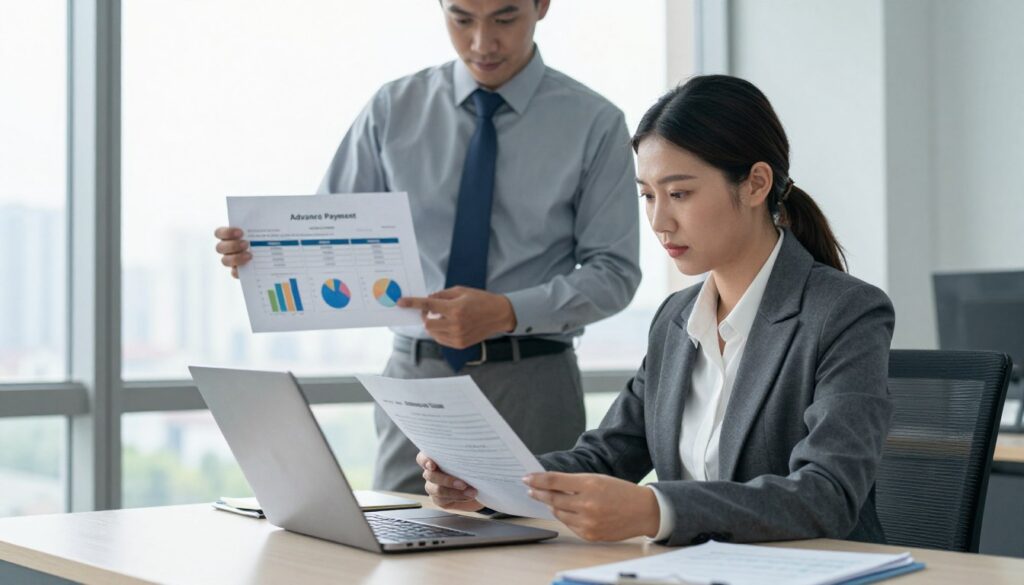 A professional office environment showcasing the process of recovering an advance payment. In the foreground, a confident businesswoman in professional attire sits at a sleek desk, meticulously reviewing financial documents on her laptop, with a focused expression. In the middle ground, a colleague stands beside her, pointing at a chart detailing the payment recovery process, illustrating collaboration and strategy. The background features a large window with soft natural light streaming in, highlighting a cityscape. Use a wide-angle lens for a dynamic perspective, capturing the essence of teamwork and determination. The atmosphere is one of professionalism and resolve, reflecting the seriousness of the financial recovery process while maintaining a sense of optimism.