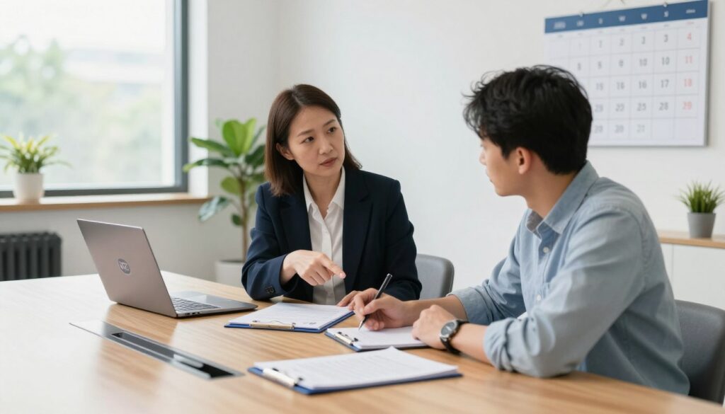 A professional office scene depicting a meeting between a healthcare administrator and a patient discussing the requirements for changing the date of a sanatorium stay. The foreground features a stylish wooden conference table with health-related documents and a laptop displaying the NFZ logo. The middle layer shows the two people engaged in conversation; the administrator, a middle-aged woman in business attire, is pointing at a document, while the patient, a young man in modest casual clothing, listens attentively, taking notes. The background includes a bright, modern office with large windows letting in natural light, plants for a fresh atmosphere, and a calendar on the wall highlighting important dates. The overall mood is professional yet approachable, emphasizing clarity and assistance in the process.