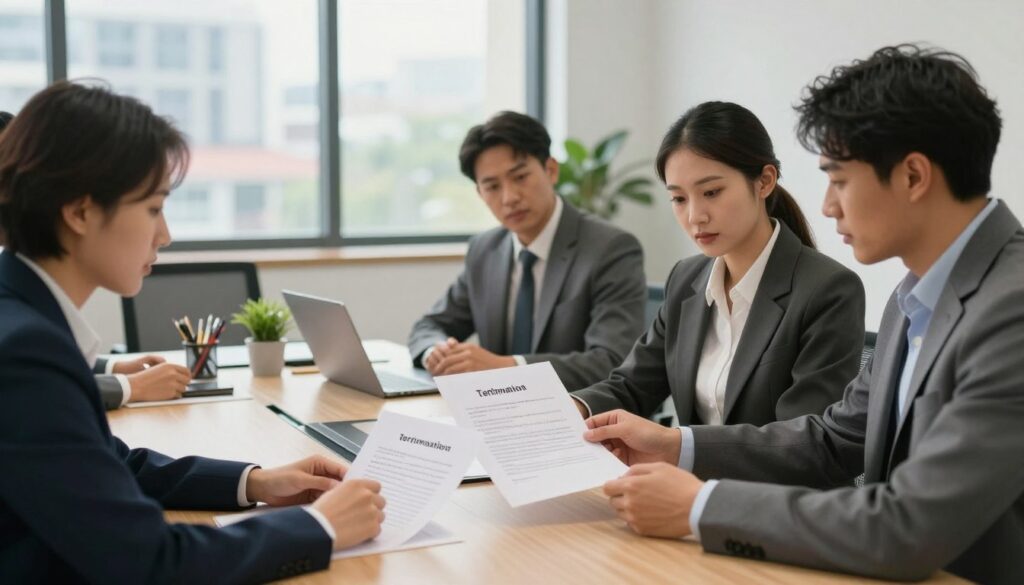 A professional office scene depicting the procedure of terminating a service agreement. In the foreground, a diverse group of individuals in business attire, focused on reviewing documents, including a termination letter, with intent expressions. The middle ground features a modern conference table with laptops, stationery, and a potted plant, symbolizing a thorough approach to the process. The background shows a well-lit office environment with large windows showcasing an urban landscape, conveying a sense of professionalism. Soft, natural light filters through, creating a warm and inviting atmosphere. The image conveys a serious yet collaborative mood, highlighting the step-by-step nature of the service cancellation procedure.