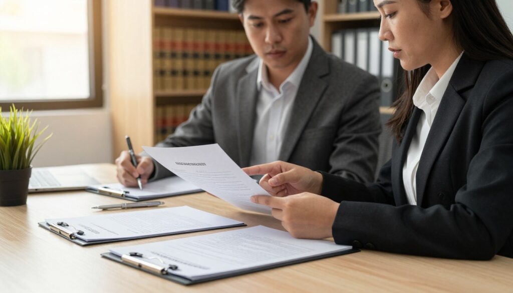 A professional office scene focused on the process of submitting divorce documents. In the foreground, a tidy desk with neatly arranged legal forms, a pen, and a small potted plant. In the middle ground, a man and a woman dressed in smart business attire are discussing, with an air of seriousness and calm professionalism. The woman is pointing at a folder containing marriage dissolution paperwork, while the man takes notes on a notepad. In the background, shelves filled with law books and a large window letting in soft, natural light, creating a warm atmosphere. The angle is slightly angled to give depth, and the lighting is warm and inviting to enhance the mood.