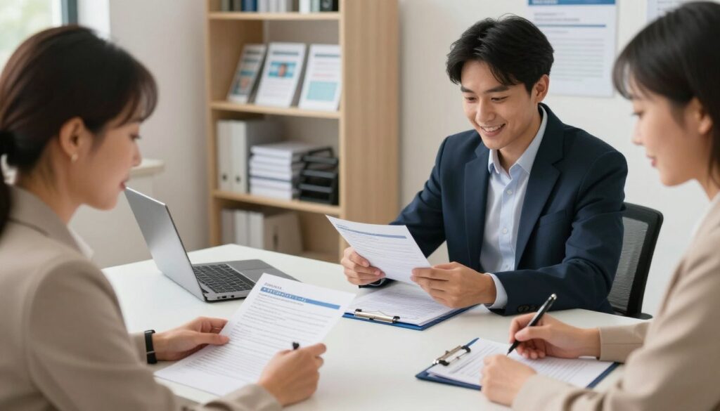 A professional office setting depicting a diverse group of individuals, both men and women, dressed in smart business attire, filling out applications for personal identification documents. In the foreground, a middle-aged woman is reviewing her application, while a young man discusses the process with a friendly clerk at a desk. In the middle, scattered documents, pens, and an open laptop with relevant information about ID applications. In the background, shelves filled with brochures and informational posters on personal identification. The lighting is bright and inviting, with a focus on warm tones to create a welcoming atmosphere. The angle captures the interaction and engagement, emphasizing the importance of understanding when and why to submit an identification request. A professional office setting depicting a diverse group of individuals, both men and women, dressed in smart business attire, filling out applications for personal identification documents. In the foreground, a middle-aged woman is reviewing her application, while a young man discusses the process with a friendly clerk at a desk. In the middle, scattered documents, pens, and an open laptop with relevant information about ID applications. In the background, shelves filled with brochures and informational posters on personal identification. The lighting is bright and inviting, with a focus on warm tones to create a welcoming atmosphere. The angle captures the interaction and engagement, emphasizing the importance of understanding when and why to submit an identification request.
