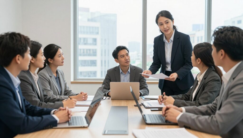 A professional office setting depicting an employer providing information to employees. In the foreground, a diverse group of individuals in professional attire (suits, blouses) are attentively listening to a middle-aged employer, who is presenting a document on workplace responsibilities. In the middle, a large conference table littered with documents and laptops suggests active discussion. In the background, a large window displaying a cityscape lets in soft, natural light. The atmosphere should be focused and collaborative, with warm tones enhancing the sense of professionalism. Capture this scene using a slight tilt from a low angle to emphasize the engagement and importance of the discussion, while ensuring a clear view of all participants.