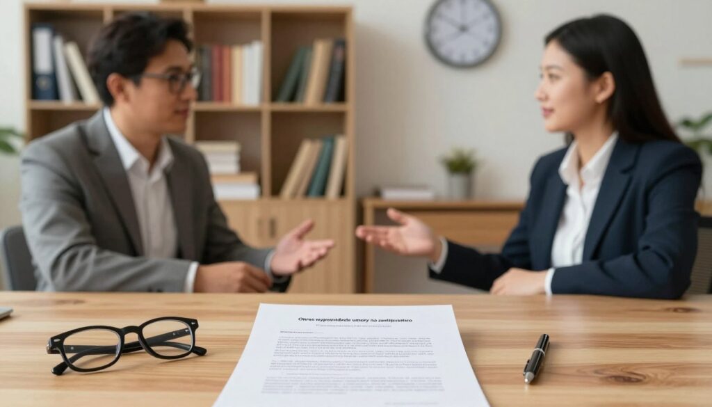 A professional office setting divided into three layers. In the foreground, a neatly arranged wooden desk featuring a contract document titled "Okres wypowiedzenia umowy na zastępstwo," a pair of glasses, and a pen. In the middle, a business-attired educator and an HR professional are engaged in a focused discussion, exchanging ideas on employment terms. They are both seated, with the educator wearing a blazer and the HR professional in smart business attire. In the background, softly blurred shelves filled with educational books and a wall clock emphasizing punctuality, implying the importance of timely contract termination. The lighting is warm and inviting, with a soft focus that creates a professional yet approachable atmosphere, suggesting collaboration and clarity in employment matters.