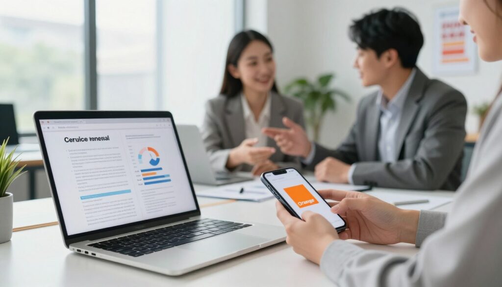 A professional office setting featuring a modern desk with an elegant laptop displaying charts and contracts related to the Orange service renewal offers. In the foreground, a hand reaches for a smartphone showing the Orange logo, symbolizing the connection to the service. In the middle ground, a well-dressed businesswoman and businessman are discussing the terms, both wearing business attire, presenting a collaborative atmosphere. The background features a large window with natural light filtering through, illuminating the space and creating a bright, optimistic mood. Soft focus on surrounding office decor like plants and motivational posters enhances the professional ambiance. The entire scene conveys a sense of opportunity and clarity in the business of contract renewal.