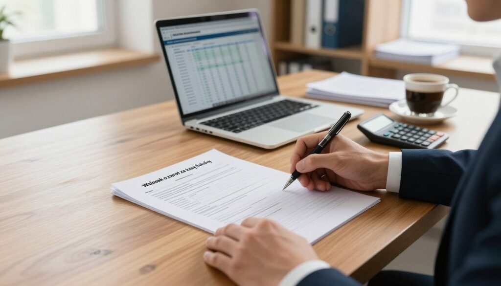 A professional office setting featuring a polished wooden desk with a neatly arranged "Wniosek o zwrot za kasę fiskalną" form prominently displayed. In the foreground, a person's hands in a business suit filling out the form with a pen, focused and diligent. The middle ground includes a laptop showing a financial spreadsheet, a calculator, and a cup of coffee, adding to the business atmosphere. The background reveals a well-organized shelf with financial documents and books, and a window allowing soft natural light to illuminate the scene, creating a warm and inviting mood. The image should be crisp, conveying a sense of urgency and professionalism as it relates to financial matters, with no text or overlays present. A professional office setting featuring a polished wooden desk with a neatly arranged "Wniosek o zwrot za kasę fiskalną" form prominently displayed. In the foreground, a person's hands in a business suit filling out the form with a pen, focused and diligent. The middle ground includes a laptop showing a financial spreadsheet, a calculator, and a cup of coffee, adding to the business atmosphere. The background reveals a well-organized shelf with financial documents and books, and a window allowing soft natural light to illuminate the scene, creating a warm and inviting mood. The image should be crisp, conveying a sense of urgency and professionalism as it relates to financial matters, with no text or overlays present.