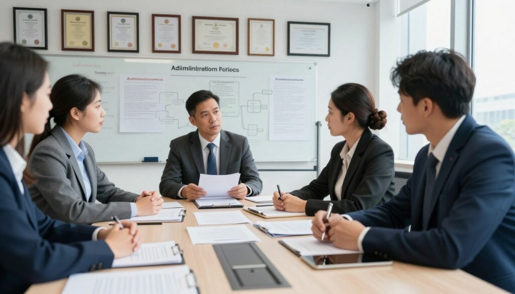 A professional office setting focused on administrative legal processes. In the foreground, a diverse team of professionals in business attire is engaged in a discussion around a large conference table, with documents and legal texts spread out before them. In the middle ground, a wall adorned with framed certificates and a whiteboard filled with notes and diagrams regarding legal interests in administrative proceedings. The background shows a large window with natural light streaming in, creating an open and collaborative atmosphere. The overall mood is serious yet engaged, highlighting the importance of legal interests in administrative contexts. The image should emphasize clarity and focus, with a slight depth of field effect to draw attention to the team and documents in the foreground. A professional office setting focused on administrative legal processes. In the foreground, a diverse team of professionals in business attire is engaged in a discussion around a large conference table, with documents and legal texts spread out before them. In the middle ground, a wall adorned with framed certificates and a whiteboard filled with notes and diagrams regarding legal interests in administrative proceedings. The background shows a large window with natural light streaming in, creating an open and collaborative atmosphere. The overall mood is serious yet engaged, highlighting the importance of legal interests in administrative contexts. The image should emphasize clarity and focus, with a slight depth of field effect to draw attention to the team and documents in the foreground.