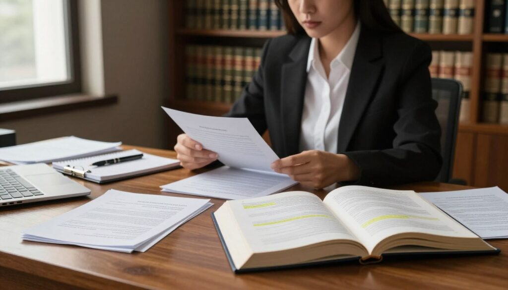 A professional office setting focused on legal matters, showcasing a large wooden desk cluttered with legal documents, contracts, and a notebook with a pen lying on top. In the foreground, an open law book displays highlighted sections relevant to deposit issues. In the middle, a serious-looking businesswoman in professional attire reviews a document under a warm, diffused light coming from a nearby window. The background features shelves filled with law books and case law references, giving a scholarly atmosphere. Soft shadows enhance the mood of focus and seriousness, creating a sense of deep engagement with legal issues. The overall ambiance is one of professionalism and diligence in the study of legal doctrines regarding deposits and enforcement.