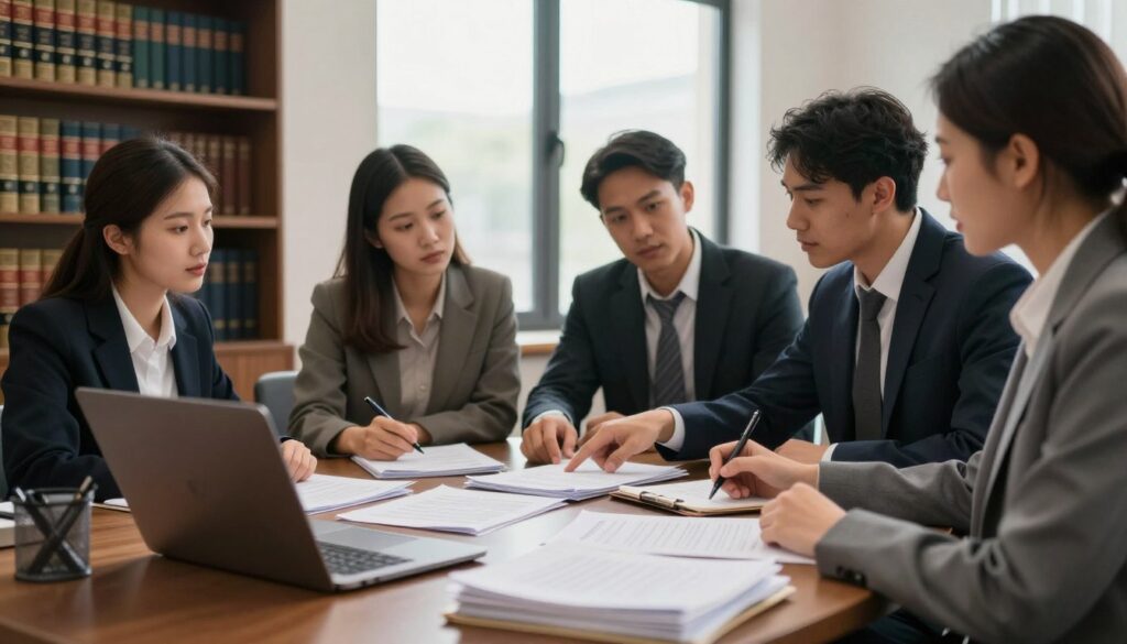 A professional office setting illustrating the procedures for obtaining a notarial act copy. In the foreground, a neatly organized desk piled with documents and a laptop, indicating legal work in progress. In the middle, a diverse group of individuals in professional attire, engaged in discussion; one person points to a document while another takes notes. A large window in the background allows soft, natural light to flood the room, creating a warm and inviting atmosphere. Shelves filled with law books and files create a scholarly backdrop. The mood is focused and collaborative, emphasizing the importance of thorough procedures in the legal process. The angle captures the group from a slightly elevated perspective, enhancing the professional ambience of the scene.