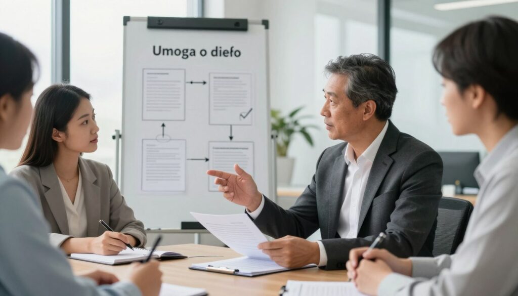 A professional office setting showcasing a diverse group of individuals engaged in a discussion about different forms of employment contracts, focusing on "Umowa o dzieło". In the foreground, a middle-aged man in formal business attire gestures toward a document, while a young woman in professional attire takes notes, both appearing engaged and analytical. In the middle ground, a large whiteboard displays diagrams illustrating various employment types, including contracts and their characteristics. The background features a bright, well-lit office with modern furnishings, giving an atmosphere of professionalism and collaboration. Soft, natural lighting filters in from large windows, enhancing the mood of clarity and focus. The image should evoke a sense of ongoing dialogue and exploration of employment options without any text or distractions.
