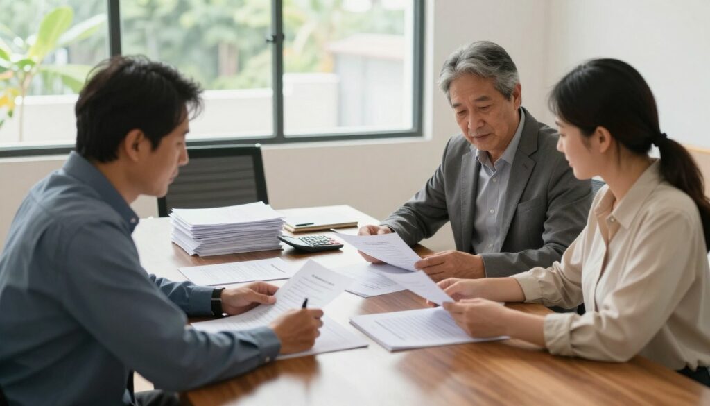 A professional office setting showcasing a family meeting regarding land transfer. In the foreground, a middle-aged couple sits at a polished wooden conference table, dressed in smart casual attire, reviewing important documents together. The middle ground features a neatly stacked pile of paperwork, including title deeds and transfer forms, along with pens and a calculator. In the background, a large window reveals a sunny day with greenery outside, symbolizing hope and new beginnings. Soft, natural light fills the room, creating a warm and inviting atmosphere. The scene captures a sense of collaboration, trust, and family bonds, conveying the importance of the land transfer process among family members.