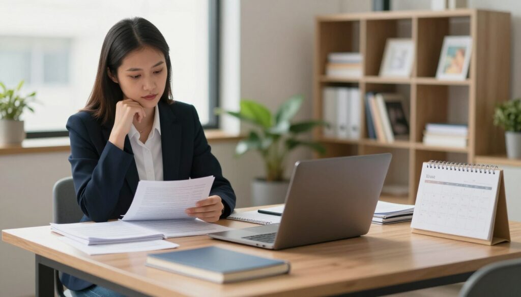 A professional office setting showcasing a teacher's desk and work environment. In the foreground, a neatly organized desk with a laptop, notebooks, and a calendar, symbolizing employment duties. To the left, a focused female teacher in professional attire, reviewing lesson plans, her expression thoughtful and engaged, emphasizing the dedication of temporary employees. In the middle, a window with soft daylight streaming in, illuminating the space, creating a warm and inviting atmosphere. The background features a bookshelf filled with educational materials and plants, enhancing the professional ambiance. The mood is one of productivity and professionalism, with a subtle emphasis on collaboration and the responsibilities of temporary employment. The image is composed with a slightly elevated perspective for depth, ensuring clarity and detail in the office setup.