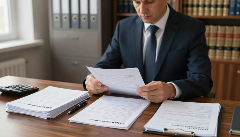 A professional office setting showcasing formal requirements and documents related to "Ubezpieczenie KRUS." In the foreground, an elegantly arranged desk features neatly stacked papers with visible forms and applications, including a pen and a calculator. In the middle, a well-dressed professional, a middle-aged Caucasian man, reviews the documents, looking focused and intent. The background includes filing cabinets and a bookshelf filled with legal texts, enhancing the atmosphere of authority and organization. Soft, natural lighting spills through a window, casting gentle shadows that create a calm and serious mood. A warm color palette with earth tones adds to the inviting yet professional environment. The image captures the essence of formality and clarity in documentation. A professional office setting showcasing formal requirements and documents related to "Ubezpieczenie KRUS." In the foreground, an elegantly arranged desk features neatly stacked papers with visible forms and applications, including a pen and a calculator. In the middle, a well-dressed professional, a middle-aged Caucasian man, reviews the documents, looking focused and intent. The background includes filing cabinets and a bookshelf filled with legal texts, enhancing the atmosphere of authority and organization. Soft, natural lighting spills through a window, casting gentle shadows that create a calm and serious mood. A warm color palette with earth tones adds to the inviting yet professional environment. The image captures the essence of formality and clarity in documentation.