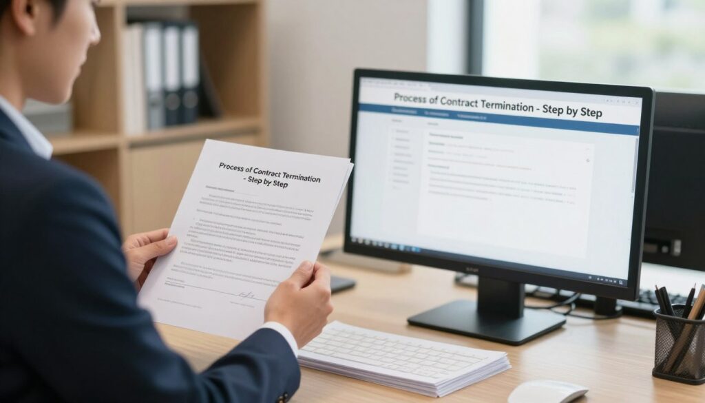 A professional office setting showcasing the "Process of Contract Termination - Step by Step". In the foreground, a confident person in business attire, holding a completed resignation form with a thoughtful expression, stands next to a desk. In the middle ground, a computer displays an account management portal (without any text), and a stack of documents representing the contract is neatly arranged. The background features a modern office environment with shelves of organizational books and a large window letting in natural light, creating a calm atmosphere. The lighting is bright and inviting, with a focus on warm tones to convey professionalism and clarity. The image should be well-composed, ideally shot from a slightly elevated angle, emphasizing the act of resignation in a structured process. A professional office setting showcasing the "Process of Contract Termination - Step by Step". In the foreground, a confident person in business attire, holding a completed resignation form with a thoughtful expression, stands next to a desk. In the middle ground, a computer displays an account management portal (without any text), and a stack of documents representing the contract is neatly arranged. The background features a modern office environment with shelves of organizational books and a large window letting in natural light, creating a calm atmosphere. The lighting is bright and inviting, with a focus on warm tones to convey professionalism and clarity. The image should be well-composed, ideally shot from a slightly elevated angle, emphasizing the act of resignation in a structured process.