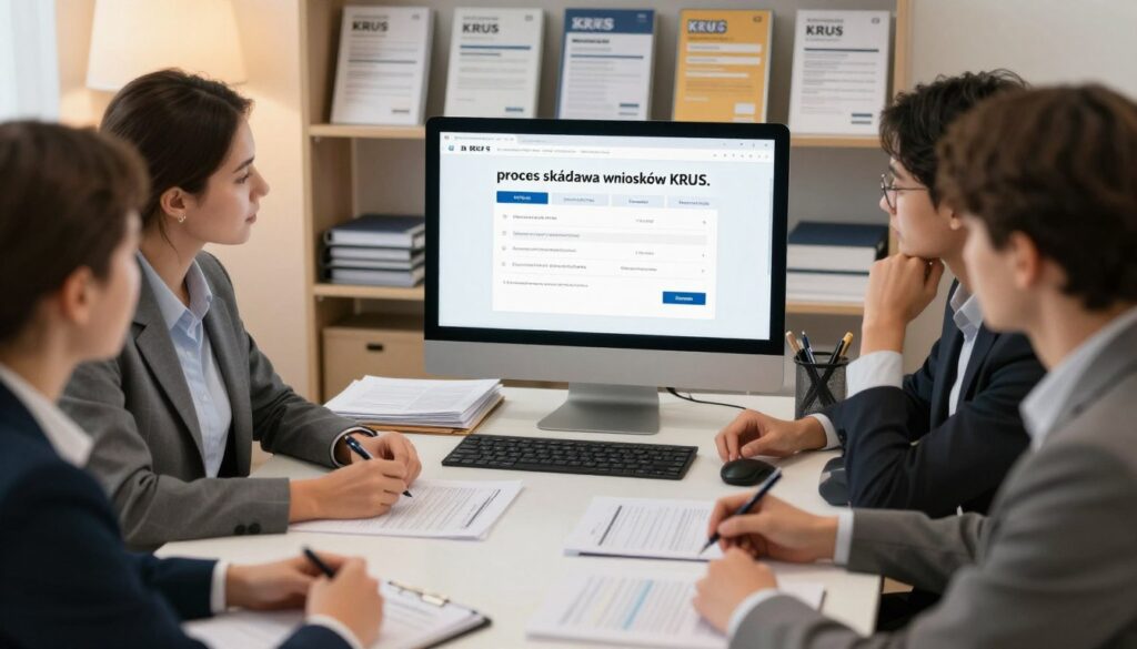 A professional office setting showcasing the "proces składania wniosków KRUS." In the foreground, a diverse group of people in business attire, engaged in a discussion around a table filled with documents, applications, and pens. In the middle ground, a computer screen displays an online form for submitting KRUS applications, with various paperwork neatly organized around it. The background features shelves filled with informational brochures about KRUS insurance. Soft, warm lighting illuminates the room, creating an inviting atmosphere. A focused angle captures both the table and the screen, enhancing the sense of collaboration and diligence. The overall mood is productive and supportive, emphasizing the seriousness of the application process. A professional office setting showcasing the "proces składania wniosków KRUS." In the foreground, a diverse group of people in business attire, engaged in a discussion around a table filled with documents, applications, and pens. In the middle ground, a computer screen displays an online form for submitting KRUS applications, with various paperwork neatly organized around it. The background features shelves filled with informational brochures about KRUS insurance. Soft, warm lighting illuminates the room, creating an inviting atmosphere. A focused angle captures both the table and the screen, enhancing the sense of collaboration and diligence. The overall mood is productive and supportive, emphasizing the seriousness of the application process.