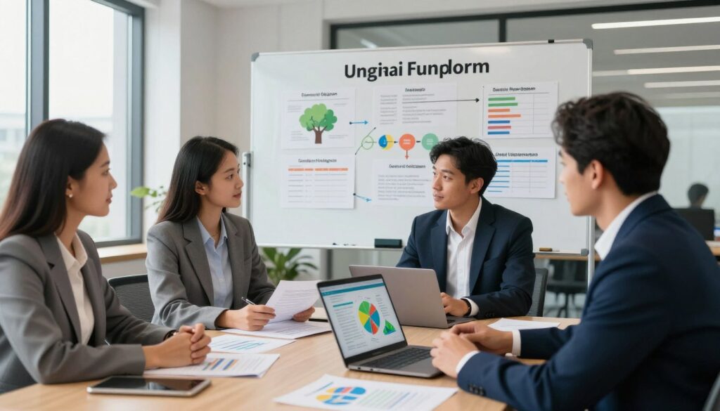 A professional office setting showcasing various funding opportunities for a clean air program. In the foreground, a diverse group of three individuals, dressed in business attire, are gathered around a large table filled with documents, charts, and a laptop displaying a colorful infographic. The middle ground features a large whiteboard filled with strategic plans and budgets related to environmental funding. In the background, large windows let in soft natural light, illuminating the space with a warm yet focused atmosphere. The camera angle captures a dynamic perspective, hinting at collaboration and determination. The overall mood is one of optimism, innovation, and professionalism, reflecting the importance of funding for clean air initiatives.