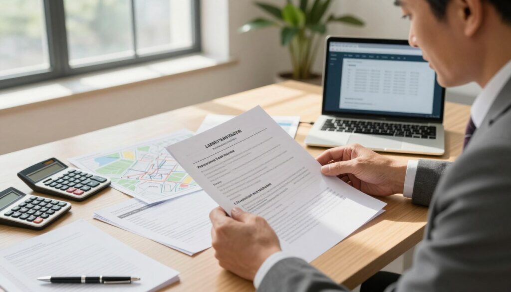 A professional office setting with a desk covered in essential document preparation tools for land transfer, such as legal papers, a pen, a calculator, and a laptop displaying a land registry website. In the foreground, a focused individual in business attire, a middle-aged man flipping through property documents, his expression thoughtful and intent. In the middle, a detailed land map and a checklist of practical tips for property transfer, clearly visible. The background features a large window allowing natural light to stream in, casting soft shadows across the room, creating a warm, productive atmosphere. A potted plant in the corner adds a touch of life, enhancing the ambiance of a professional workspace.