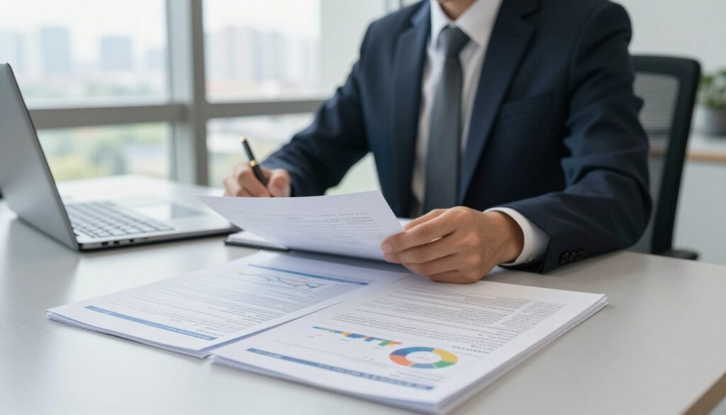 A professional real estate appraiser sitting at a sleek, modern desk reviewing property valuation documents. The foreground features a detailed view of property reports and financial graphs, reflecting clear data analysis. In the middle, the appraiser is dressed in smart business attire, focused and taking notes, embodying professionalism and expertise. The background shows a bright, well-lit office space with large windows and cityscape views, subtly indicating the real estate market. Soft natural light filters through, creating an atmosphere of clarity and diligence. The angle is slightly above eye level, giving a sense of depth and engagement with the scene. The mood is serious yet optimistic, reflecting the importance of accurate property valuation.
