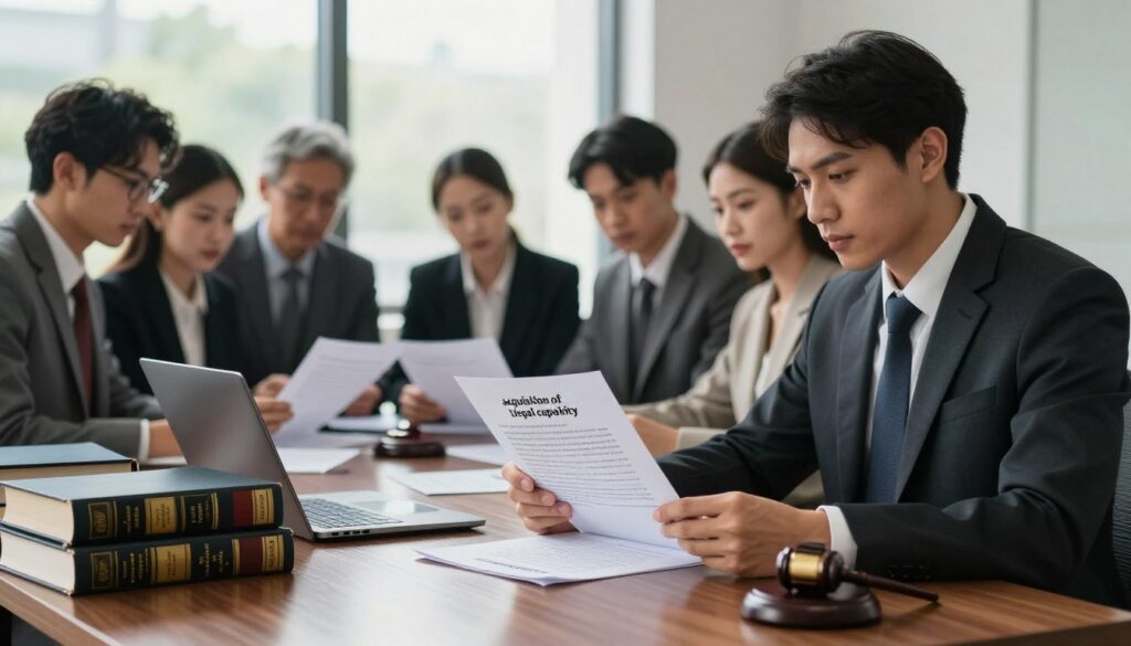 A professional setting depicting the concept of "acquisition of legal capacity." In the foreground, a confident businessperson in formal attire examines a legal document at a polished wooden desk, surrounded by law books and a laptop, symbolizing engagement with legal matters. In the middle ground, a diverse group of individuals are gathered, discussing and referencing legal texts, their expressions serious yet engaged. The backdrop features a large window letting in soft, natural daylight, illuminating the room and casting gentle shadows, enhancing the focus on the subjects. The overall mood is one of gravitas and professionalism, reflecting the importance of legal capacity and the moments that define it. The image should have a shallow depth of field to draw attention to the foreground. A professional setting depicting the concept of "acquisition of legal capacity." In the foreground, a confident businessperson in formal attire examines a legal document at a polished wooden desk, surrounded by law books and a laptop, symbolizing engagement with legal matters. In the middle ground, a diverse group of individuals are gathered, discussing and referencing legal texts, their expressions serious yet engaged. The backdrop features a large window letting in soft, natural daylight, illuminating the room and casting gentle shadows, enhancing the focus on the subjects. The overall mood is one of gravitas and professionalism, reflecting the importance of legal capacity and the moments that define it. The image should have a shallow depth of field to draw attention to the foreground.