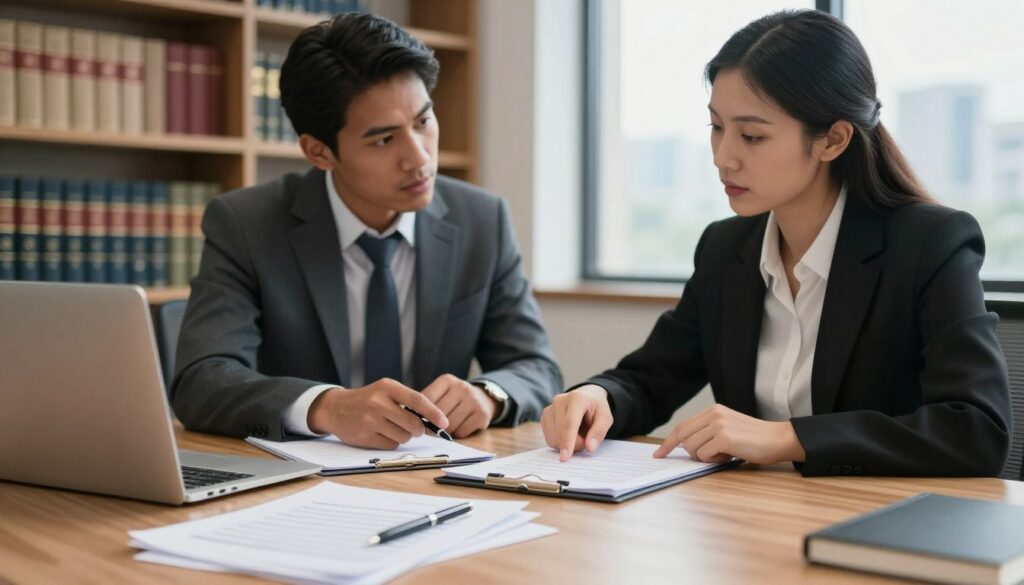 A professional setting depicting two individuals engaged in a discussion over a wooden table, symbolizing the concept of proving an oral contract. The foreground features a close-up of documents with handwritten notes and pens, emphasizing the negotiation process. In the middle, a diverse pair of professionals—one man and one woman—face each other, both dressed in smart business attire, portraying focused expressions as they point to paperwork. The background shows a well-lit office environment with bookshelves filled with legal books and a window revealing a city skyline, creating a sense of authority. Soft, natural lighting enhances the atmosphere, evoking a serious but collaborative mood, ideal for illustrating the practical aspects of proving an oral agreement. A professional setting depicting two individuals engaged in a discussion over a wooden table, symbolizing the concept of proving an oral contract. The foreground features a close-up of documents with handwritten notes and pens, emphasizing the negotiation process. In the middle, a diverse pair of professionals—one man and one woman—face each other, both dressed in smart business attire, portraying focused expressions as they point to paperwork. The background shows a well-lit office environment with bookshelves filled with legal books and a window revealing a city skyline, creating a sense of authority. Soft, natural lighting enhances the atmosphere, evoking a serious but collaborative mood, ideal for illustrating the practical aspects of proving an oral agreement.