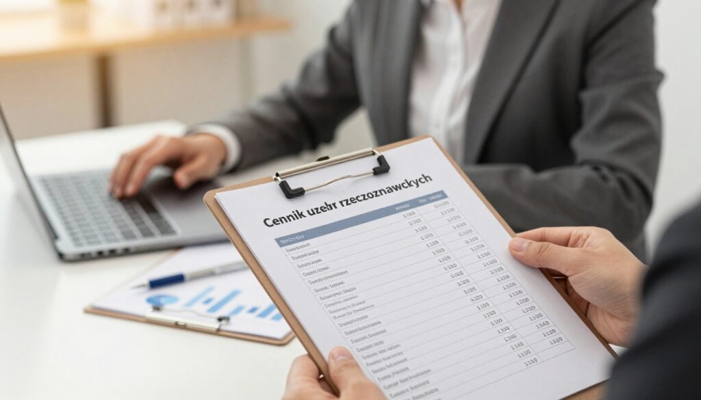 A professional setting showcasing a detailed pricing list for valuation services, titled "Cennik usług rzeczoznawczych." In the foreground, a clipboard with a neatly printed pricing sheet featuring various valuation services and their costs, symbolizing clarity and professionalism. The middle ground includes a well-dressed business consultant, examining the price list beside a desk adorned with a laptop and valuation tools, all bathed in soft, warm lighting. In the background, a modern office space lightly blurred, depicting a serene atmosphere with minimalistic design elements. The overall mood is professional and informative, aiming to convey trust and expertise in the field of valuation services. A professional setting showcasing a detailed pricing list for valuation services, titled "Cennik usług rzeczoznawczych." In the foreground, a clipboard with a neatly printed pricing sheet featuring various valuation services and their costs, symbolizing clarity and professionalism. The middle ground includes a well-dressed business consultant, examining the price list beside a desk adorned with a laptop and valuation tools, all bathed in soft, warm lighting. In the background, a modern office space lightly blurred, depicting a serene atmosphere with minimalistic design elements. The overall mood is professional and informative, aiming to convey trust and expertise in the field of valuation services.