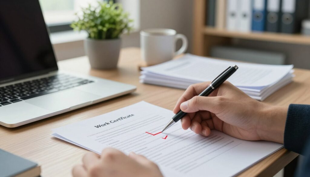 A professional setting showcasing a workspace where a document correction is taking place. In the foreground, a close-up view of a hand holding a pen, poised above a paper titled "Work Certificate," which contains red corrections and notes. The middle section features an organized desk with a laptop, a stack of documents, a coffee mug, and a small potted plant for a touch of greenery. The background includes a blurred office setting with shelves filled with books and files, providing context. Soft, natural lighting filters in through a window, creating a warm, focused atmosphere. Overall, the image conveys a sense of professionalism and attention to detail, ideal for illustrating the process of correcting work certificates. A professional setting showcasing a workspace where a document correction is taking place. In the foreground, a close-up view of a hand holding a pen, poised above a paper titled "Work Certificate," which contains red corrections and notes. The middle section features an organized desk with a laptop, a stack of documents, a coffee mug, and a small potted plant for a touch of greenery. The background includes a blurred office setting with shelves filled with books and files, providing context. Soft, natural lighting filters in through a window, creating a warm, focused atmosphere. Overall, the image conveys a sense of professionalism and attention to detail, ideal for illustrating the process of correcting work certificates.