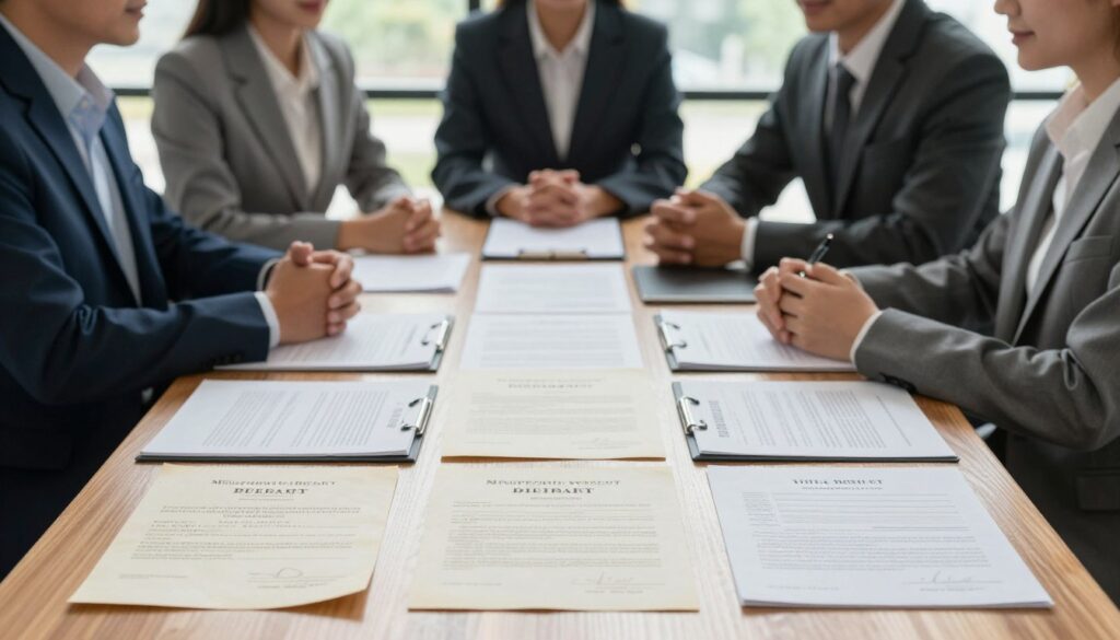 A professional setting showcasing various legal property titles in real estate. In the foreground, an elegant wooden table displays a diverse range of documents such as property deeds, mortgage agreements, and title insurance papers, meticulously arranged. In the middle ground, a focused group of business professionals in formal attire engages in discussion, highlighting collaboration and expertise. The background features a large window allowing soft, natural daylight to illuminate the scene, creating a warm and inviting atmosphere. The image composition should be clear and organized, with a shallow depth of field to emphasize the documents and people, providing an educational yet professional mood, ideal for illustrating diverse property title types. A professional setting showcasing various legal property titles in real estate. In the foreground, an elegant wooden table displays a diverse range of documents such as property deeds, mortgage agreements, and title insurance papers, meticulously arranged. In the middle ground, a focused group of business professionals in formal attire engages in discussion, highlighting collaboration and expertise. The background features a large window allowing soft, natural daylight to illuminate the scene, creating a warm and inviting atmosphere. The image composition should be clear and organized, with a shallow depth of field to emphasize the documents and people, providing an educational yet professional mood, ideal for illustrating diverse property title types.