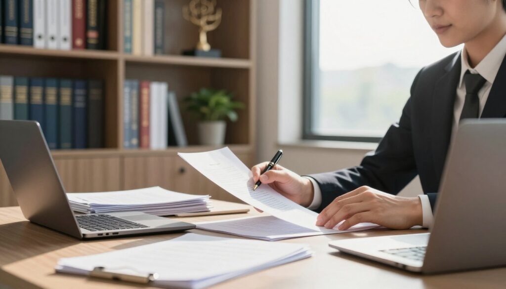 A professional, warm atmosphere depicting a modern office setting where a business person, dressed in formal attire, is seated at a desk filled with legal documents and a laptop. They are studying a notarial deed with focused concentration, surrounded by neatly organized files and a sleek pen. In the middle ground, there's a large bookshelf filled with legal books and an elegant decorative plant, adding a touch of sophistication. The background features a large window with natural sunlight streaming in, creating a bright and inviting ambiance. Soft shadowing enhances the depth of the surroundings. The overall mood conveys professionalism and diligence, ideal for illustrating the step-by-step process of obtaining a notarial deed.