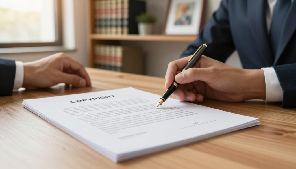 A professional workspace depicting the concept of copyright transfer in a contract for a creative work. In the foreground, a meticulously arranged wooden table with a legal contract document prominently displaying intricate elements like a signature line and copyright symbols. A sophisticated fountain pen rests beside it. In the middle ground, a pair of hands in business attire, one holding the pen, suggesting action and engagement with the document. In the background, soft-focus shelves filled with law books and framed art pieces symbolizing creativity. Warm, natural light filters through a nearby window, casting a pleasant glow across the scene, creating a serious yet inviting atmosphere, embodying professionalism and creativity in the legal domain.
