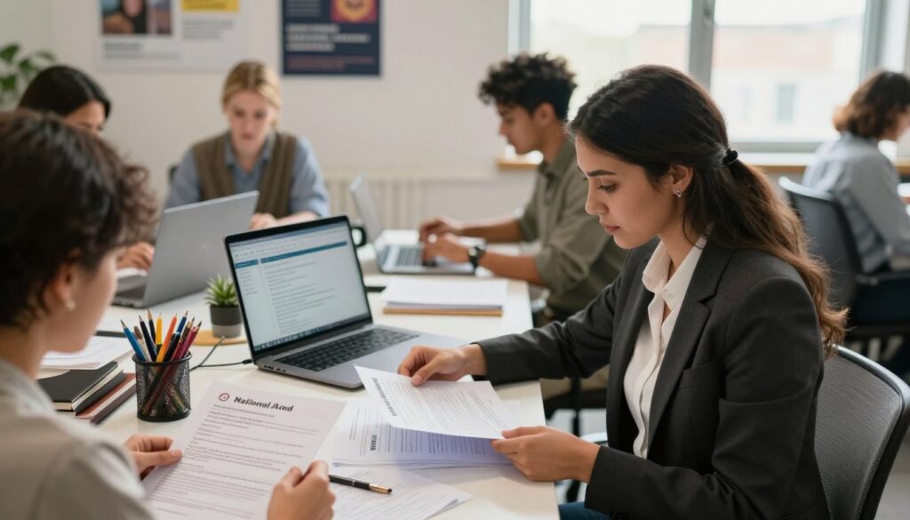 A professional workspace featuring a diverse group of individuals preparing documentation for a national ID application. In the foreground, a focused woman in business attire is organizing forms and collecting identification documents like a birth certificate and proof of address. In the middle background, a well-lit desk cluttered with stationery, an open laptop displaying digital guidelines, and a stack of papers creates a sense of urgency and preparation. The background shows a cozy office environment with motivational posters and a window allowing natural light to flood in, casting soft shadows. The overall mood is focused and professional, highlighting the importance of organization in the application process. The scene captures a moment of teamwork and commitment to detail, with everyone dressed in modest, office-appropriate clothing. A professional workspace featuring a diverse group of individuals preparing documentation for a national ID application. In the foreground, a focused woman in business attire is organizing forms and collecting identification documents like a birth certificate and proof of address. In the middle background, a well-lit desk cluttered with stationery, an open laptop displaying digital guidelines, and a stack of papers creates a sense of urgency and preparation. The background shows a cozy office environment with motivational posters and a window allowing natural light to flood in, casting soft shadows. The overall mood is focused and professional, highlighting the importance of organization in the application process. The scene captures a moment of teamwork and commitment to detail, with everyone dressed in modest, office-appropriate clothing.
