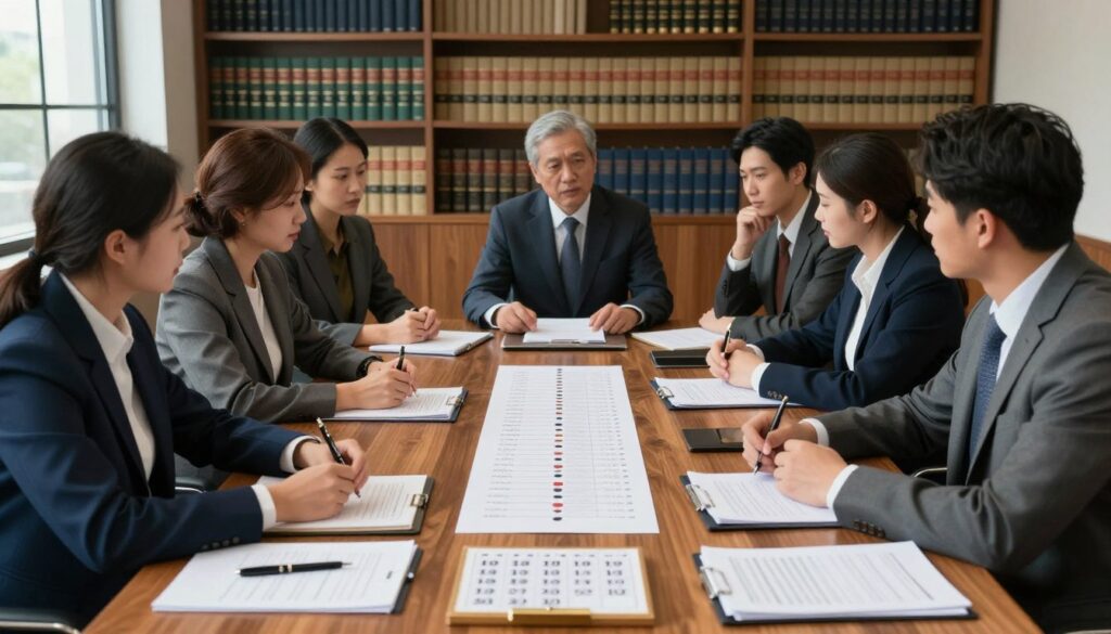 A professionally organized courtroom setting with a large wooden table in the foreground, covered with legal documents, pens, and a calendar indicating important dates. In the middle, a diverse group of individuals, dressed in business attire, are engaged in discussion, analyzing the timeline of legal proceedings laid out in front of them. The background features shelves filled with law books and a large window allowing natural light to create a bright, focused atmosphere. The lighting conveys urgency and professionalism, enhancing the seriousness of the topic. The overall mood is one of collaboration and determination, reflecting the importance of deadlines and schedules in legal processes.