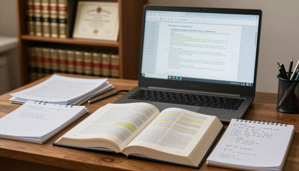 A scholarly workspace featuring a wooden desk with neatly arranged legal texts and citation examples prominently displayed. In the foreground, an open law book with highlighted sections and annotations lies next to a notepad filled with handwritten notes. The middle ground includes a computer screen showing a digital document with proper citation formats for legal acts. The background presents a well-organized bookshelf filled with law reference materials and diplomas, creating an academic atmosphere. Soft, warm lighting illuminates the scene, enhancing the feeling of a focused study space. Capture the essence of academic diligence and professionalism without any text overlays or distractions.