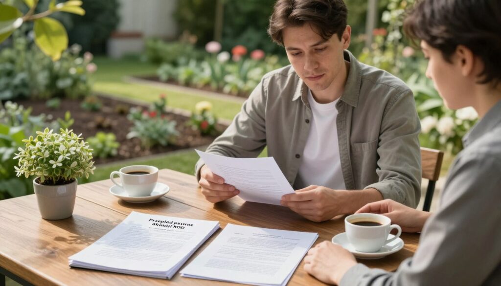 A serene garden setting depicting a legal scene related to "Przepisy prawne działki ROD". In the foreground, a wooden table with legal documents neatly arranged, a plant, and a cup of coffee creating a welcoming atmosphere. In the middle ground, a professional in modest casual clothing is reviewing papers while consulting with another individual, both looking engaged in discussion, amidst a backdrop of well-maintained garden plots with flowering plants. The lighting is soft and natural, suggesting a late afternoon, filtered through green leaves, casting gentle shadows. The mood is focused and productive, reflecting the seriousness of legal matters while showcasing the beauty of the garden.