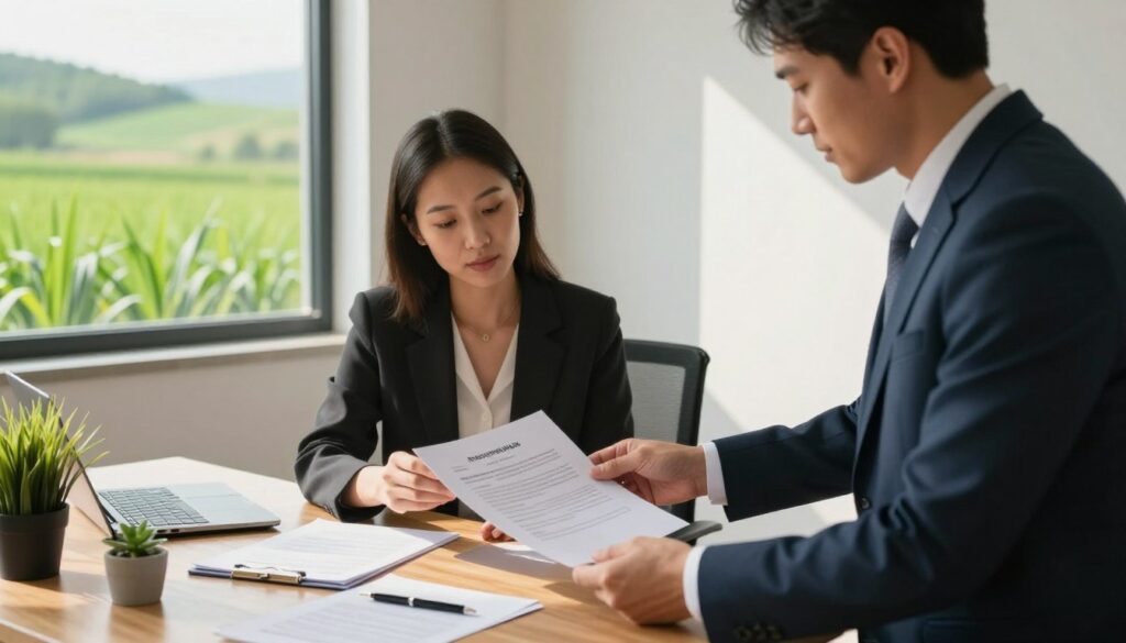 A serene office setting showcasing the transfer of agricultural property ownership. In the foreground, a professional man in a business suit, holding a document, stands beside a wooden table cluttered with legal papers, a pen, and a small plant. In the middle ground, a light-skinned woman in smart casual attire is reviewing the documents, her expression focused and attentive. The background features a window with natural sunlight streaming in, illuminating the space and casting soft shadows. Outside the window, a lush green farm landscape is visible, with rolling hills and crops swaying gently in the breeze. The atmosphere is calm and professional, highlighting the importance of property ownership transfer in agriculture.