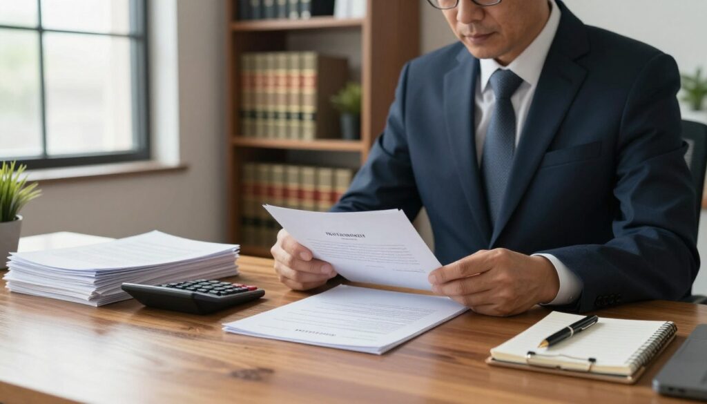 A serene office setting where a professional, middle-aged man in a crisp suit is reviewing documents on a polished wooden desk. In the foreground, there's a neatly stacked pile of notarized documents, with a calculator, a pen, and a small notepad illustrating calculations. The middle ground features a well-organized bookshelf filled with legal books and a small plant for a touch of nature. In the background, large windows let in soft, natural daylight, casting a warm glow throughout the room. The atmosphere is focused and efficient, evoking a sense of professionalism and the importance of understanding notary fees. The image should be captured from a slight angle, showcasing both the man and his workspace in a dynamic yet orderly composition.