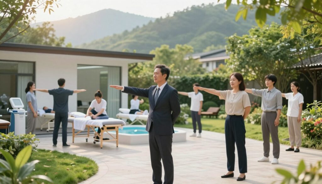A serene sanatorium setting with lush greenery and tranquil pathways. In the foreground, a group of individuals in professional business attire and modest casual clothing engage in gentle therapeutic activities, such as stretching or participating in a guided group exercise. In the middle, a bright and airy treatment room with various wellness equipment, like massage tables and hydrotherapy pools, showcases patients receiving their treatments. The background features picturesque views of rolling hills or mountains, with soft sunlight filtering through, creating a warm and inviting atmosphere. Use a slight depth of field to focus on the individuals while softly blurring the background. Emphasize a sense of calm, relaxation, and healing in this peaceful environment.