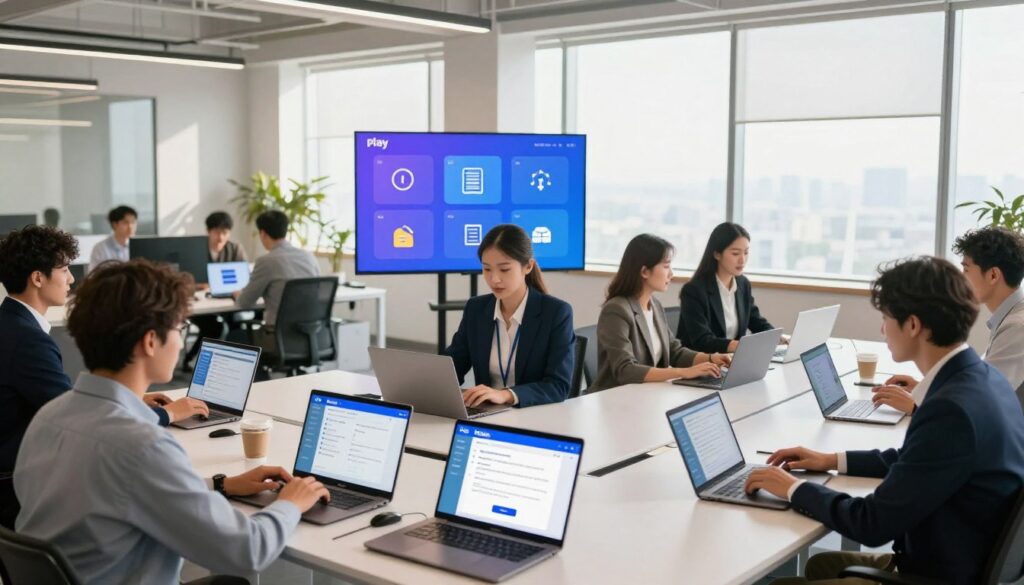 A sleek, modern office environment showcasing various digital services offered by Play. In the foreground, a diverse group of professionals in business attire are engaging with laptops and tablets, enthusiastically exploring online services related to billing, plan subscriptions, and customer support. The middle ground features large, vibrant displays showing infographics and icons representing these services, such as contract checks and service modifications. The background presents a bright, airy workspace with large windows allowing natural light to flood in, adding to a dynamic atmosphere. The scene conveys a sense of innovation and accessibility, emphasizing Play's online service offerings. The lighting is warm and inviting, creating a professional yet friendly mood, captured from a slightly elevated angle to encompass the entire setup. A sleek, modern office environment showcasing various digital services offered by Play. In the foreground, a diverse group of professionals in business attire are engaging with laptops and tablets, enthusiastically exploring online services related to billing, plan subscriptions, and customer support. The middle ground features large, vibrant displays showing infographics and icons representing these services, such as contract checks and service modifications. The background presents a bright, airy workspace with large windows allowing natural light to flood in, adding to a dynamic atmosphere. The scene conveys a sense of innovation and accessibility, emphasizing Play's online service offerings. The lighting is warm and inviting, creating a professional yet friendly mood, captured from a slightly elevated angle to encompass the entire setup.