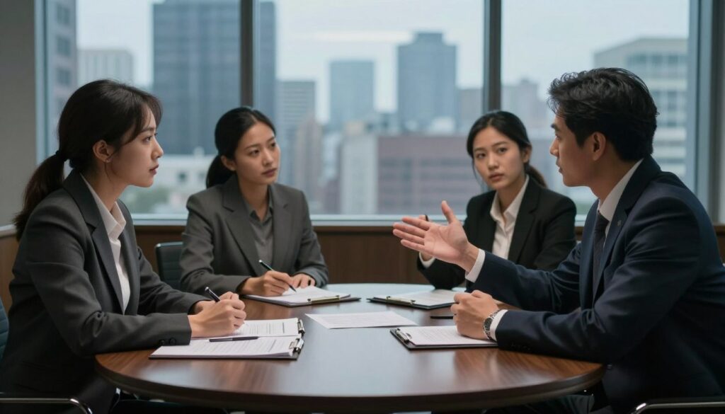 A small, dimly lit conference room with a round table in the foreground, set up for a serious discussion. On the table, a variety of legal documents and a pen lie scattered, symbolizing an informal agreement. A group of three diverse business professionals—two men and one woman—are deeply engaged in conversation. They are dressed in professional business attire, reflecting a serious atmosphere. One person gestures passionately, while another takes notes, illustrating the risks associated with verbal agreements. In the background, a large window reveals a blurred city skyline, creating a contrasting vibrant yet overcast urban backdrop. The lighting is soft and focused, casting subtle shadows that enhance the intensity of the discussion. The overall mood conveys tension and uncertainty, emphasizing the risks and limitations of oral agreements. A small, dimly lit conference room with a round table in the foreground, set up for a serious discussion. On the table, a variety of legal documents and a pen lie scattered, symbolizing an informal agreement. A group of three diverse business professionals—two men and one woman—are deeply engaged in conversation. They are dressed in professional business attire, reflecting a serious atmosphere. One person gestures passionately, while another takes notes, illustrating the risks associated with verbal agreements. In the background, a large window reveals a blurred city skyline, creating a contrasting vibrant yet overcast urban backdrop. The lighting is soft and focused, casting subtle shadows that enhance the intensity of the discussion. The overall mood conveys tension and uncertainty, emphasizing the risks and limitations of oral agreements.