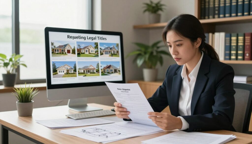 A sophisticated real estate office setting filled with natural light streaming through large windows, showcasing a modern desk cluttered with legal documents, contracts, and blueprints of properties. In the foreground, a professional-looking individual dressed in business attire studies a housing title document, their expression conveying focus and determination. In the middle ground, a wall-mounted display features images of various property types, symbolizing the significance of legal titles in property transactions. The background includes tasteful decor with potted plants and wooden shelves lined with legal books. The atmosphere is serious yet inviting, emphasizing the critical role of legal titles in real estate with soft, warm lighting that creates a sense of trust and professionalism. A sophisticated real estate office setting filled with natural light streaming through large windows, showcasing a modern desk cluttered with legal documents, contracts, and blueprints of properties. In the foreground, a professional-looking individual dressed in business attire studies a housing title document, their expression conveying focus and determination. In the middle ground, a wall-mounted display features images of various property types, symbolizing the significance of legal titles in property transactions. The background includes tasteful decor with potted plants and wooden shelves lined with legal books. The atmosphere is serious yet inviting, emphasizing the critical role of legal titles in real estate with soft, warm lighting that creates a sense of trust and professionalism.