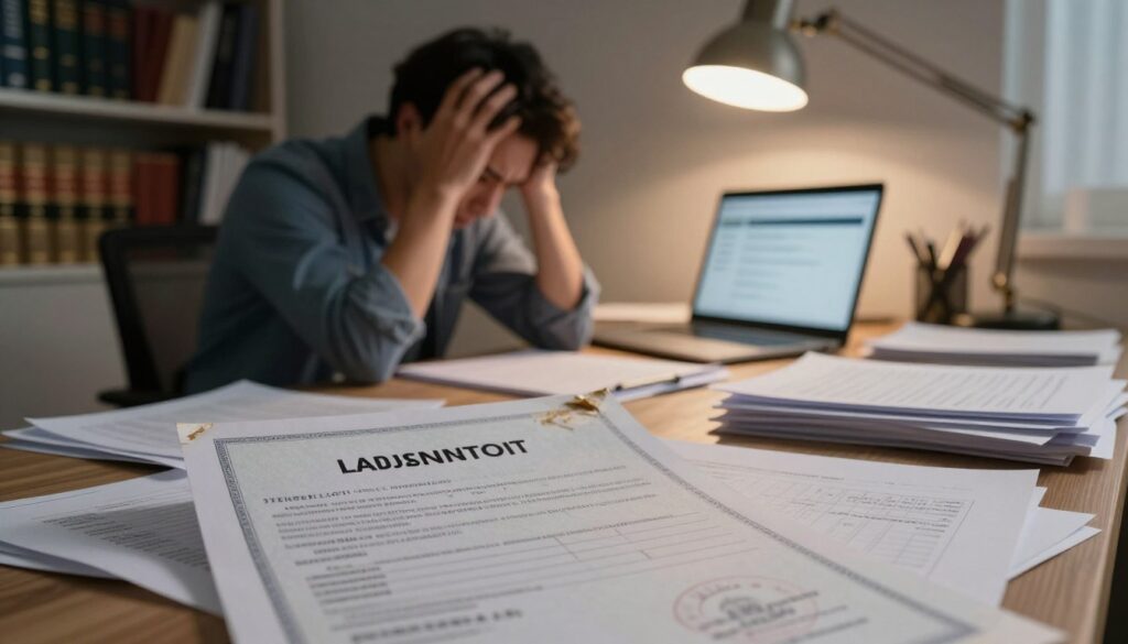 A stressed individual seated at a cluttered desk surrounded by disorganized papers and a faintly lit room, looking distraught as they search for their lost land ownership document. In the foreground, a close-up of an official land ownership certificate partially visible, with signs of wear and tear. The middle ground features scattered papers, a laptop displaying a property registration website, and a lamp casting a warm glow. The background illustrates a bookshelf filled with legal books and files, creating a sense of urgency and confusion. The lighting is soft yet dramatic, enhancing the somber mood of losing such an important document. The overall atmosphere conveys frustration and the weight of bureaucracy in a professional setting.