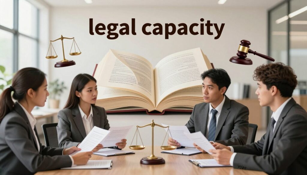 A symbolic representation of the concept of "legal capacity" depicted through a thoughtful composition. In the foreground, a diverse group of four individuals dressed in professional business attire, engaged in animated discussion, holding legal documents and a scale of justice, conveying the essence of lawful action. The middle ground features a large, open law book with pages fluttering, surrounded by various legal symbols such as gavel, scales, and contracts. In the background, soft focus on a modern office setting with large windows letting in warm, natural light, creating a professional yet welcoming atmosphere. The overall mood is one of collaboration, clarity, and determination in understanding legal actions. Use a wide-angle lens to capture the scene, emphasizing depth and engagement. A symbolic representation of the concept of "legal capacity" depicted through a thoughtful composition. In the foreground, a diverse group of four individuals dressed in professional business attire, engaged in animated discussion, holding legal documents and a scale of justice, conveying the essence of lawful action. The middle ground features a large, open law book with pages fluttering, surrounded by various legal symbols such as gavel, scales, and contracts. In the background, soft focus on a modern office setting with large windows letting in warm, natural light, creating a professional yet welcoming atmosphere. The overall mood is one of collaboration, clarity, and determination in understanding legal actions. Use a wide-angle lens to capture the scene, emphasizing depth and engagement.