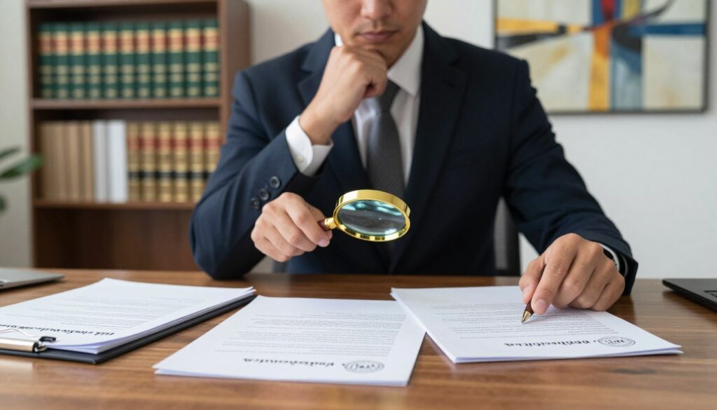 A thoughtful legal professional sitting at a sleek wooden desk in a modern office, examining a stack of notarized documents and a magnifying glass, symbolizing the exploration of "Wady oświadczenia woli" (defects of will). In the foreground, focus on the details of the documents, showing clear signatures and official stamps. In the middle, the person, dressed in formal business attire, appears engaged and contemplative, with soft lighting illuminating their focused expression. The background features a bookshelf filled with legal books and an abstract painting that hints at complexity, creating an atmosphere of professionalism and determination. The overall mood is serious yet insightful, emphasizing the importance of understanding legal nuances without distractions. A thoughtful legal professional sitting at a sleek wooden desk in a modern office, examining a stack of notarized documents and a magnifying glass, symbolizing the exploration of "Wady oświadczenia woli" (defects of will). In the foreground, focus on the details of the documents, showing clear signatures and official stamps. In the middle, the person, dressed in formal business attire, appears engaged and contemplative, with soft lighting illuminating their focused expression. The background features a bookshelf filled with legal books and an abstract painting that hints at complexity, creating an atmosphere of professionalism and determination. The overall mood is serious yet insightful, emphasizing the importance of understanding legal nuances without distractions.