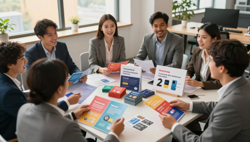 A vibrant and engaging scene depicting additional benefits of extending a subscription service. In the foreground, a diverse group of professional individuals in business attire discussing together with enthusiasm, focusing on colorful brochures showcasing promotions. In the middle, a table filled with eye-catching items like gift cards, special offer signs, and tech gadgets symbolizing the perks of renewal. The background features a modern office space with large windows letting in warm, natural light, creating a welcoming atmosphere. The overall mood should reflect optimism and excitement about new opportunities, emphasizing collaboration and innovation. The angle should be slightly elevated to capture the full dynamic of the gathering.